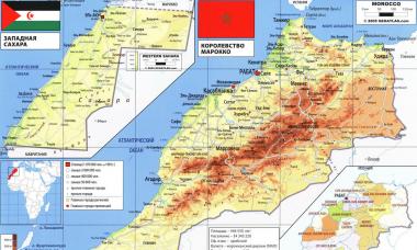 Marokkó orosz nyelvű térképe városokkal és üdülőhelyekkel